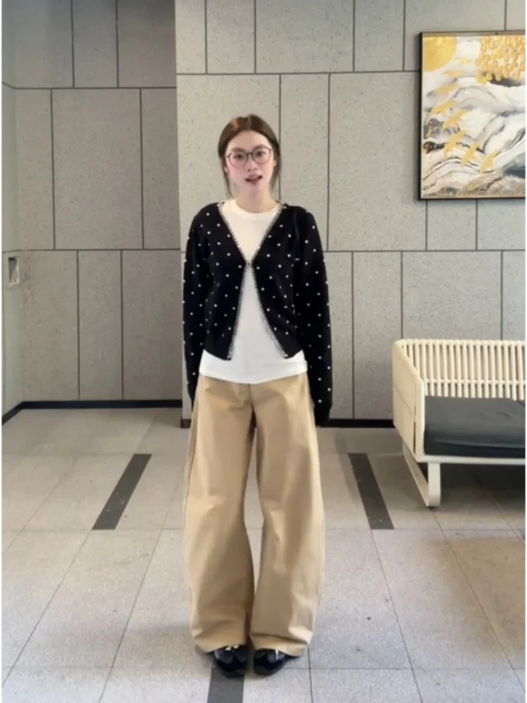 

Модный трикотаж в горошек, корейский свободный крой, длинный свеч V-Ne, повседневный модный женский топ на пуговицах с небольшим дизайном партии