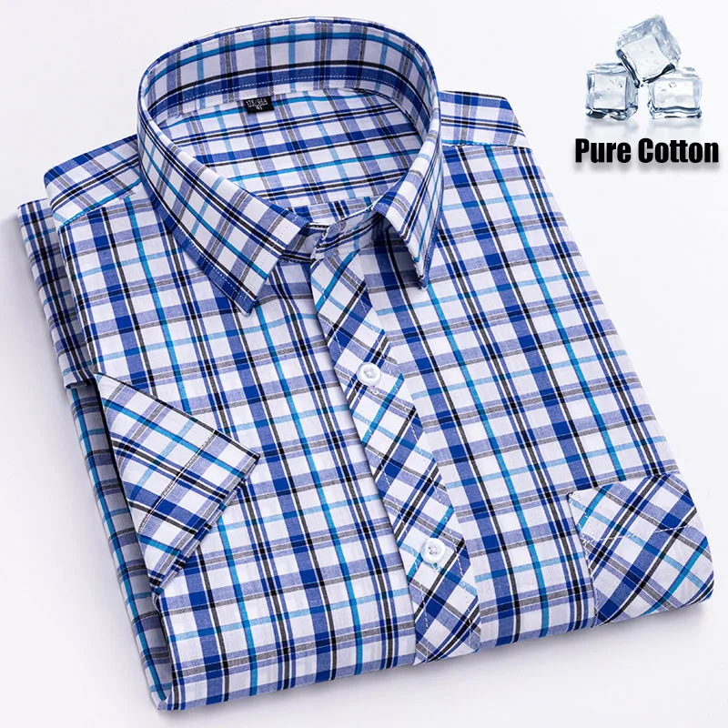 

Дышащие мужские рубашки из 100% хлопка с короткими рукавами, летние повседневные рубашки в клетку, деловая мода, стандартный крой, большие мужские блузки в клетку