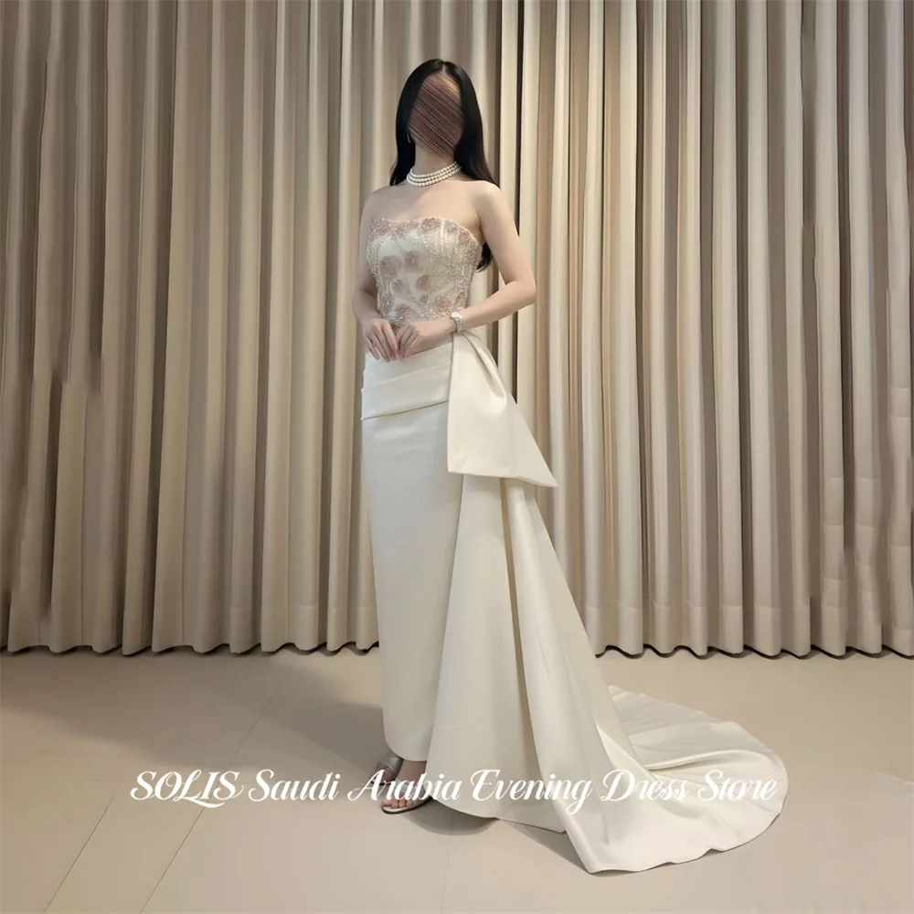 

SOLIS White Prom Dresses Strapless Satin Gala Dress Beaded Bodice Saudi Arabic Pleated Evening Party Gown with Train Customized