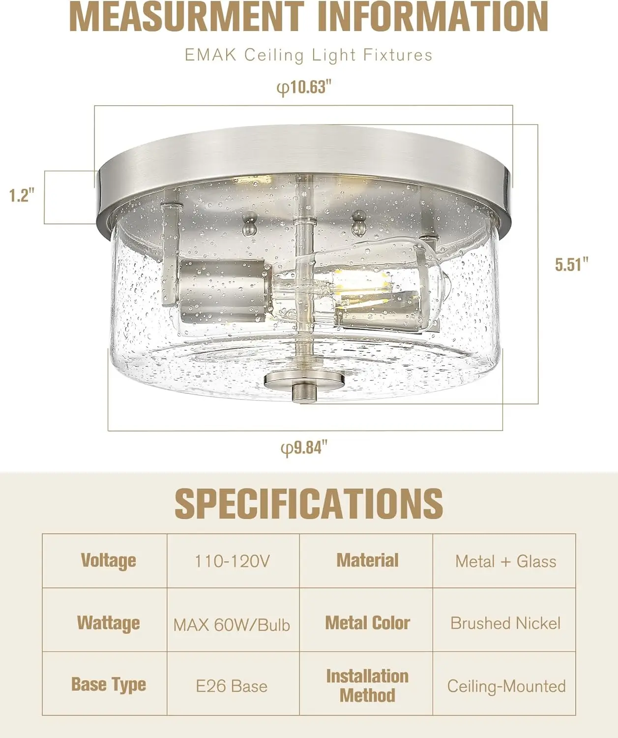 Emak 2-Light Brushed Nickel Ceiling Light Fixture, 11 Inch Flush Mount Light Fixture With Seeded Glass Shade For Bedroom,