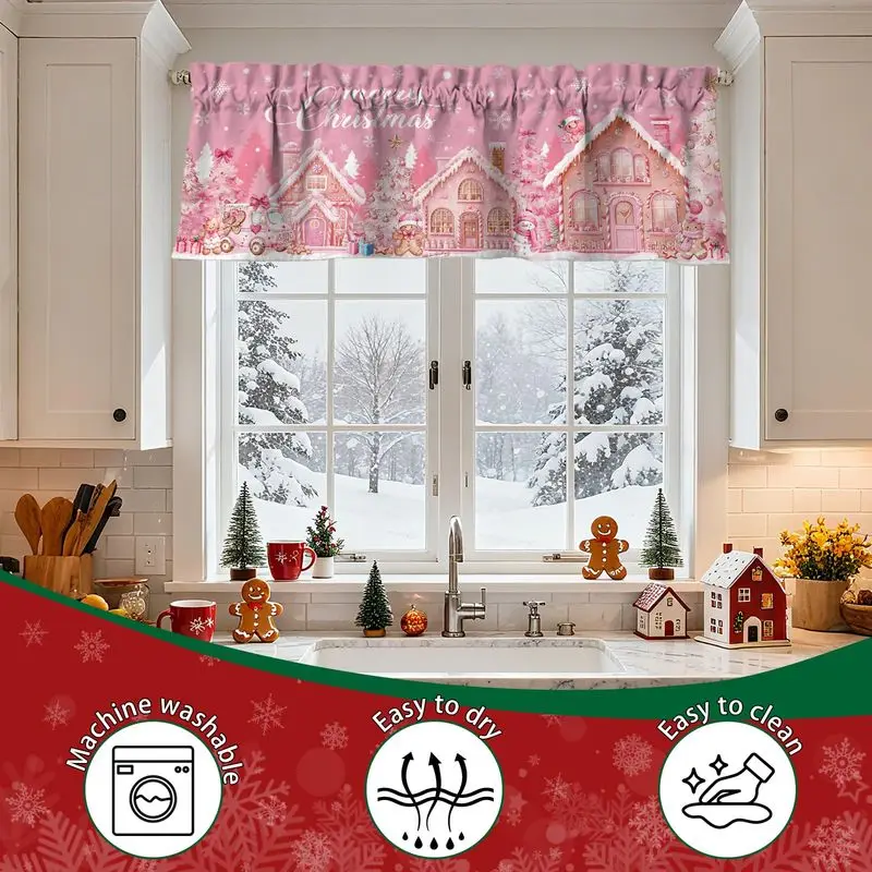 VIKAMA Christmas Short Curtains Valances Pink Gingerbread House for Kitchen Window Home Winter Holiday Window Decor