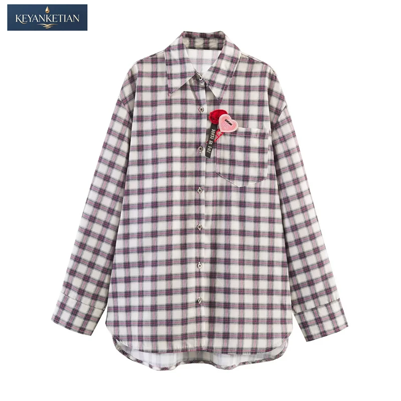 

KEYANKETIAN 2026 AutumnPreppy Coquette Plaid Blouse Oversized Heart Patch, Point Collar & Boyfriend Silhouette Shirt Loose Top