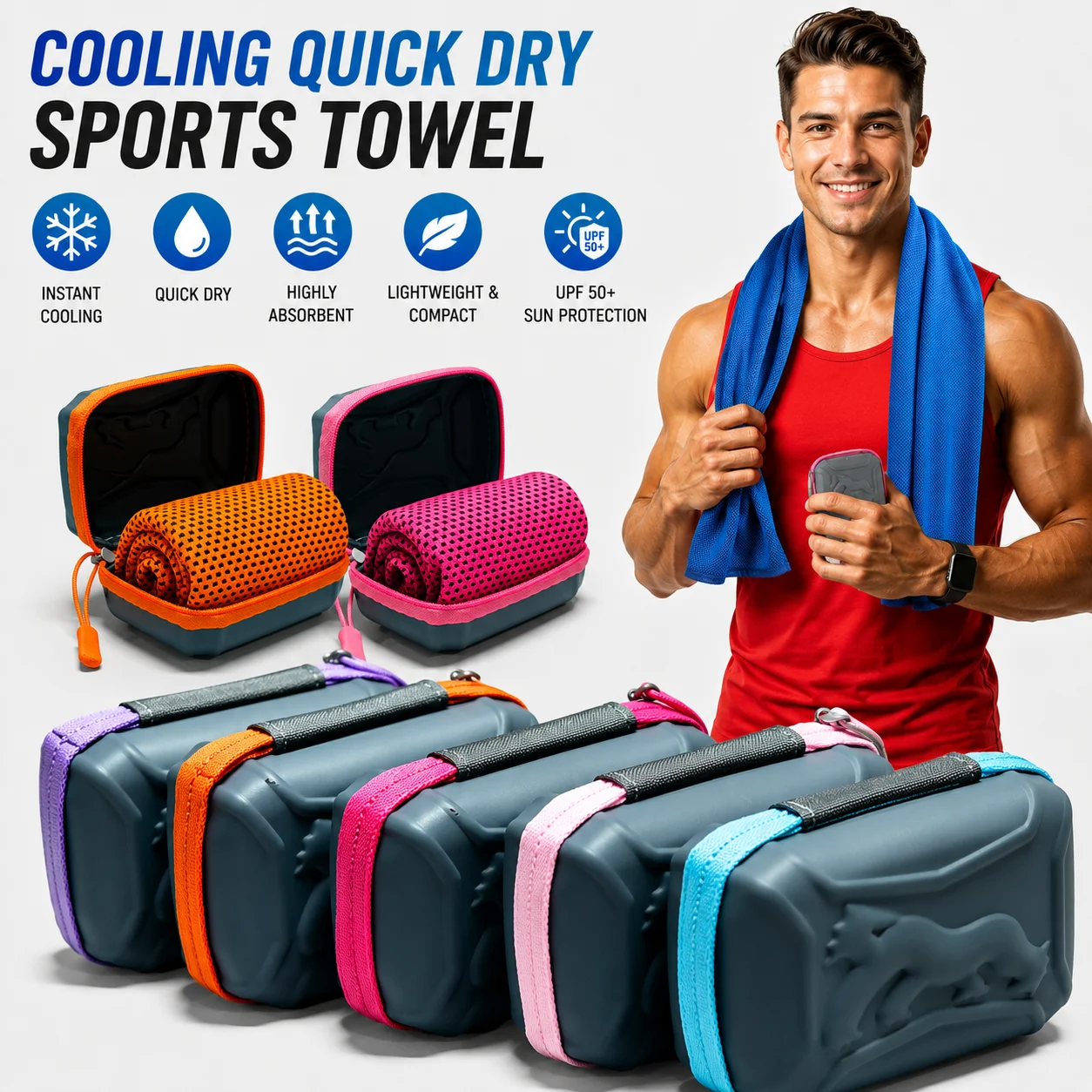 Ice Cooling Towel with EVA Storage Case Quick Dry Sweat Absorbent Sports Towel for Gym Yoga Fitness Running