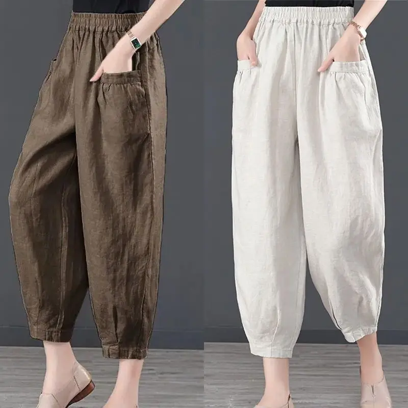 Ice Silk Cotton Linen Pants For Women Spring Summer Elastic High Waist Harlan Pant 2024 New Casual Loose Thin Ankle-Length Pants