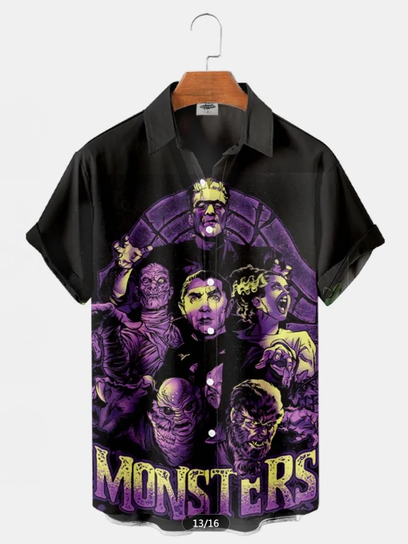 Camisas con estampado de películas de terror de estilo Punk para hombre, blusa informal de manga corta de gran tamaño, a la moda, de un solo pecho, ropa de verano