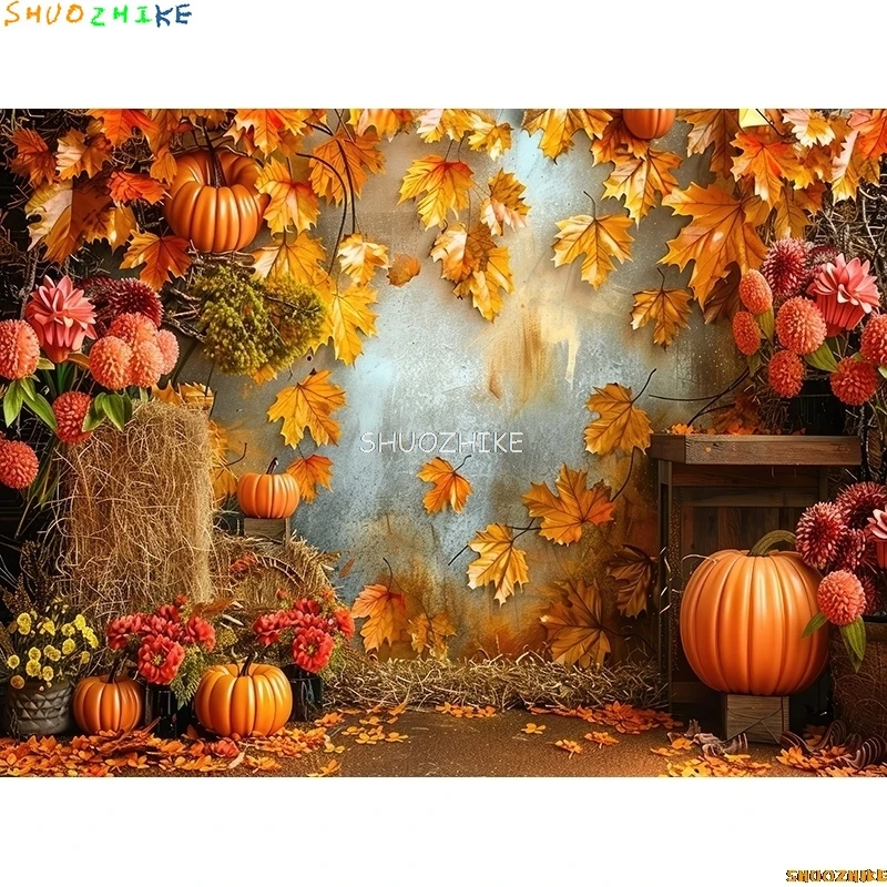 Осенние тыквы, фоны для фотосъемки, реквизит, Хэллоуин, кленовый лист, пугало, ферма, урожай, фон на День Благодарения RR-03