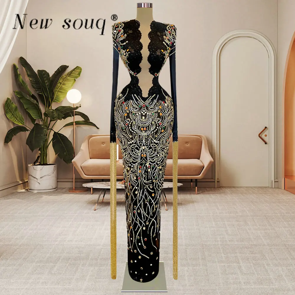 

Dubai Luxury Black Long Sleeves Evening Dresses Colorful Rhinestones Beading Tassel Formal Pageant Event Bridal Party Gowns