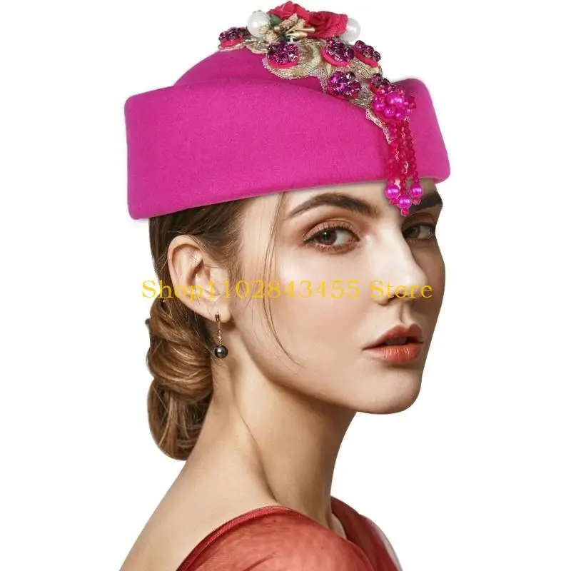 

49MC Стразы Цветок Шляпа стюардессы Церковные кепки 1920-х годов Коктейльная вечеринка Реквизит для костюмов