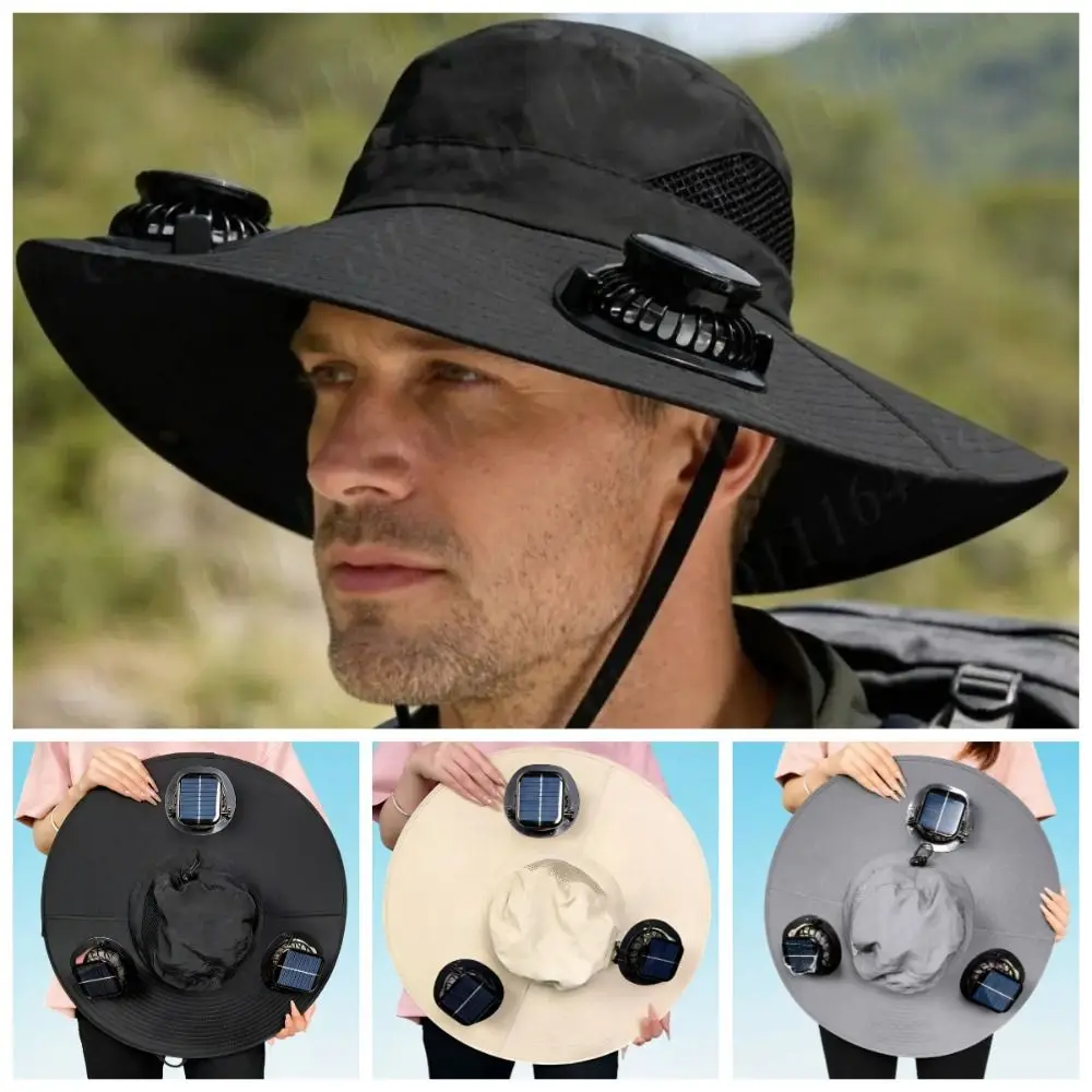 

3 Fans Solar Fan Hat Breathable UV Protection Summer Fan Visor Cap Strong Wind Lightweight Cooling Fisherman Hat Hot Weather