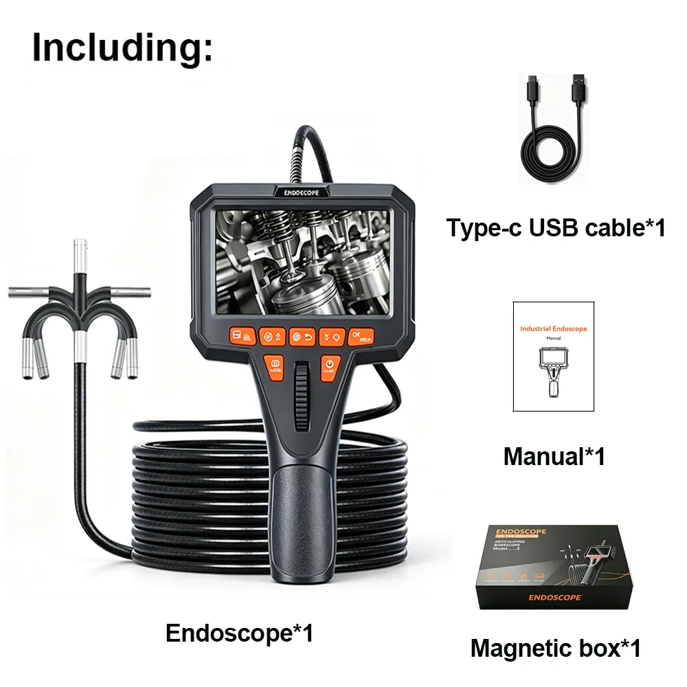 Industrieendoskop, 360°-Zweiwege-Gelenk, Endoskop, 4,5-Zoll-IPS-Bildschirm, Inspektionskamera, HD 1080P, IP67 wasserdicht, halbstarres Kabel, LED-Licht, Automobilmotor, Turbinenschaufel, Rohrkorrosion