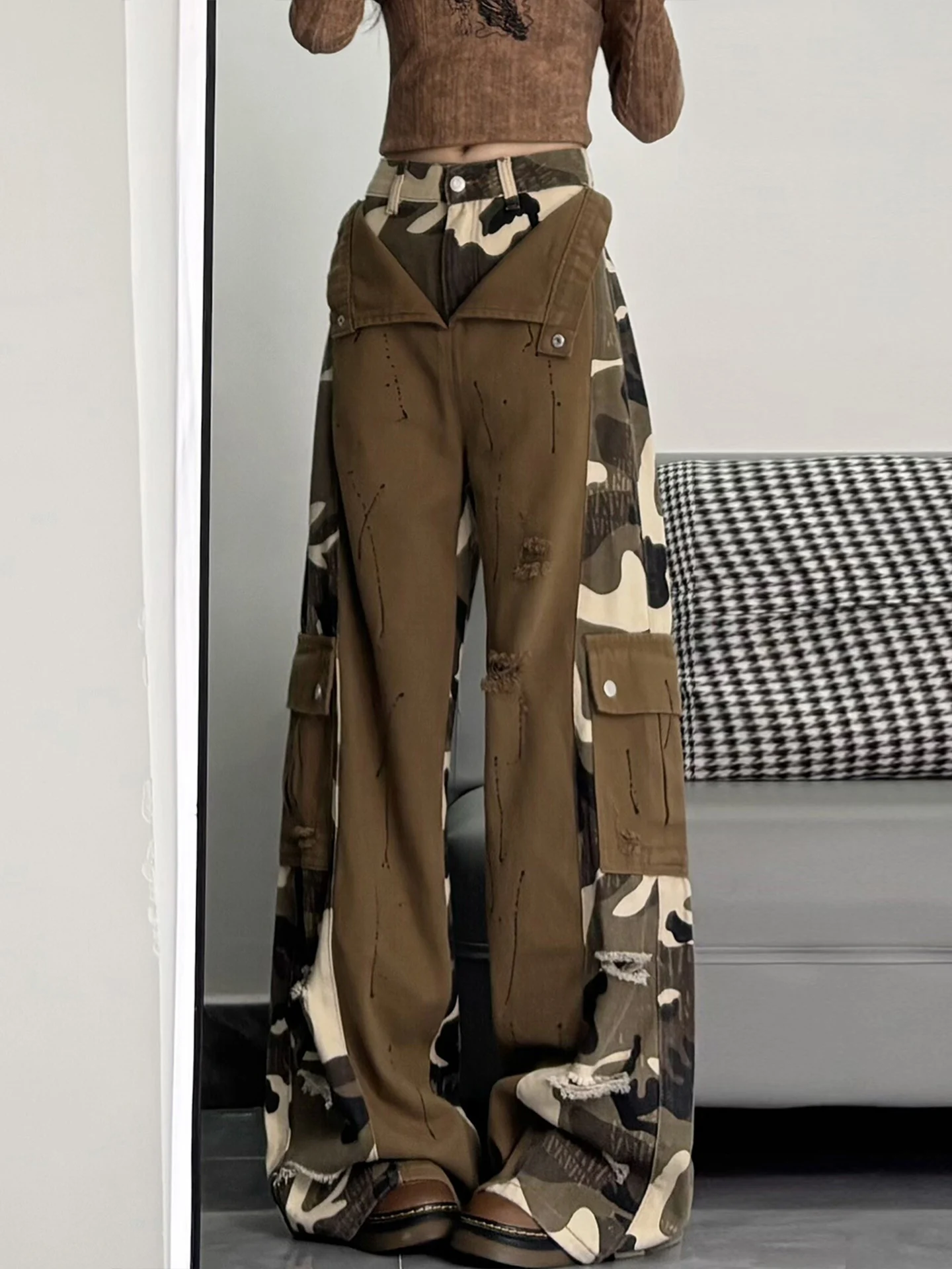 

Американские ретро-джинсы с камуфляжными вставками, женские, с высокой талией, широкие штанины, в пол, повседневный стиль, осенняя новинка