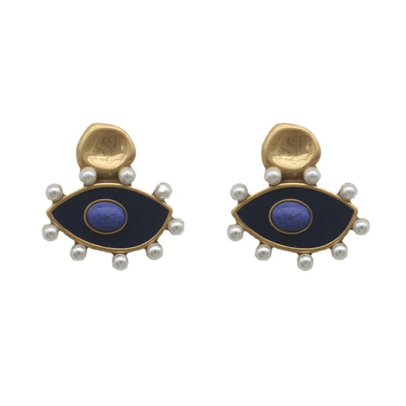 Niche Style Design Devil's Eye Enamel Stone Earrings Plated Process Medieval Pearl Earrings
