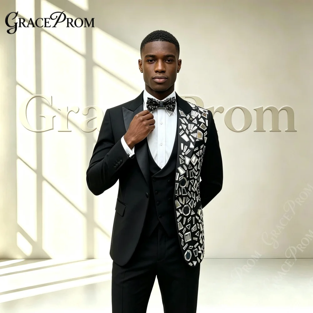 Stunning Crystal Men Suits 2027 3PCS Wedding Groom Sets Man Shawl Suit Set Banquet Prom Party Wear Geometric Rhinestone Tuxedo