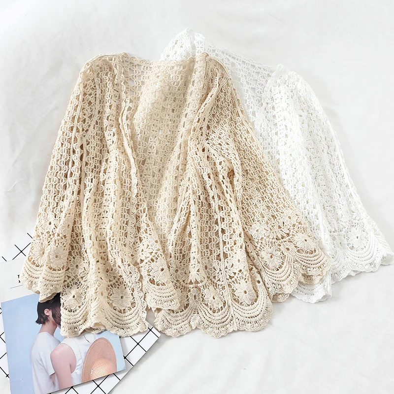 Open Lace Cardigan Crocheted Hollow Out Shrug Female Casual White Flower Floral Open Stitch Women Sweater Loose Knitted Outwear