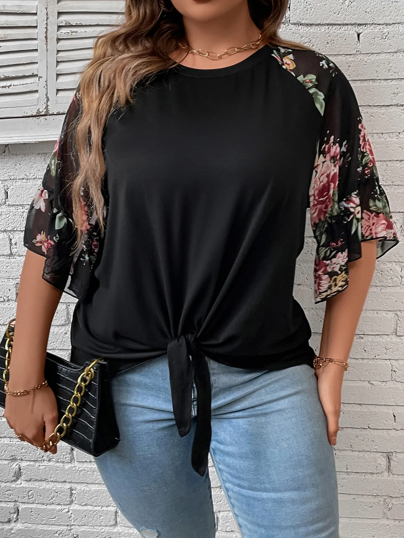 Women's Plus Size Floral Print Blouse, Casual Sheer Mesh Flare Sleeve Knot Front T-Shirt, Round Neck Loose Summer Top For Ladies view 4