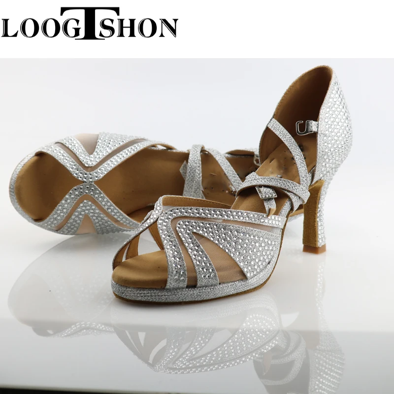 LOOGTSHON heel shoe For Women Salsa Dance Shoes Woman Sandals With Platform Silver Dance Shoes Rhinestone Indoor performance