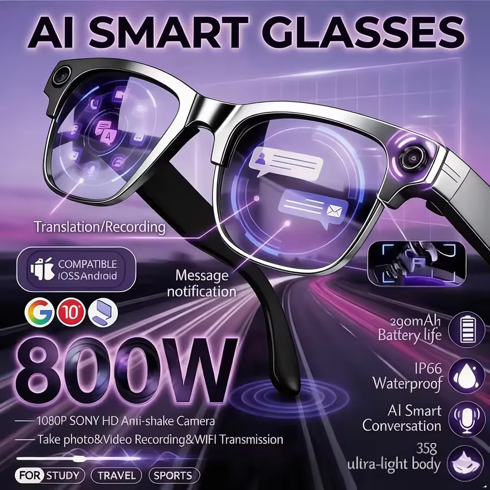2026New AI Smart Glasses 120+Language Translation 800W Pixel Camera Video Music Player Call Business 8K Color Change Glasses Me