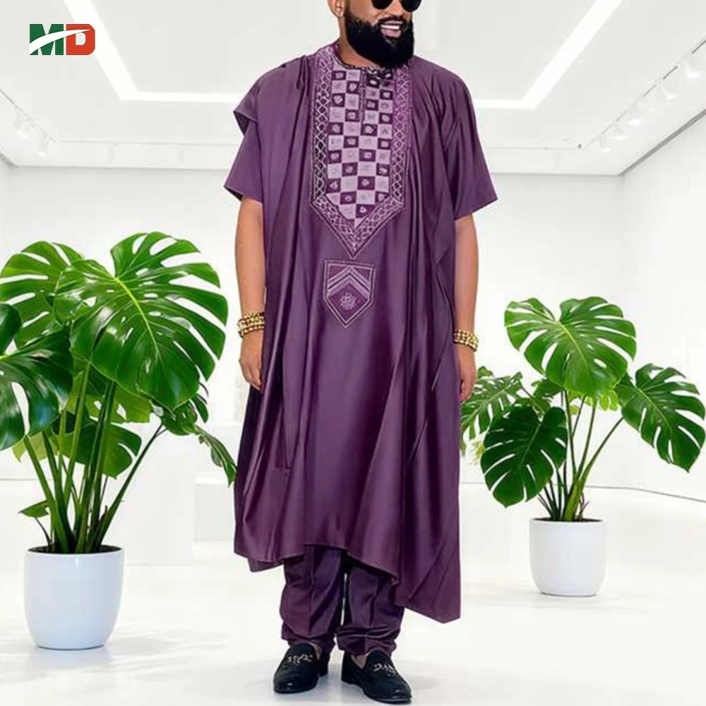 

MD African For Men Traditional 3PCS Outfit Thobe Set Purple Agbada Embroidered Robe Plus Size Wedding Christmas BouBou Ramadan