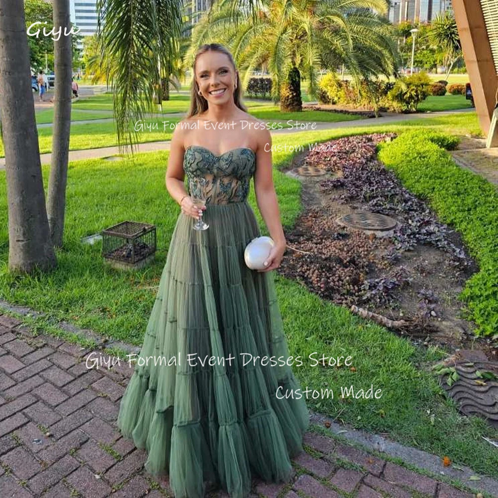 Giyu Elegant Army Green Tulle Evening Dresses Emboidery Beads Sweetheart Tiered Long Prom Gowns Formal Party Dress