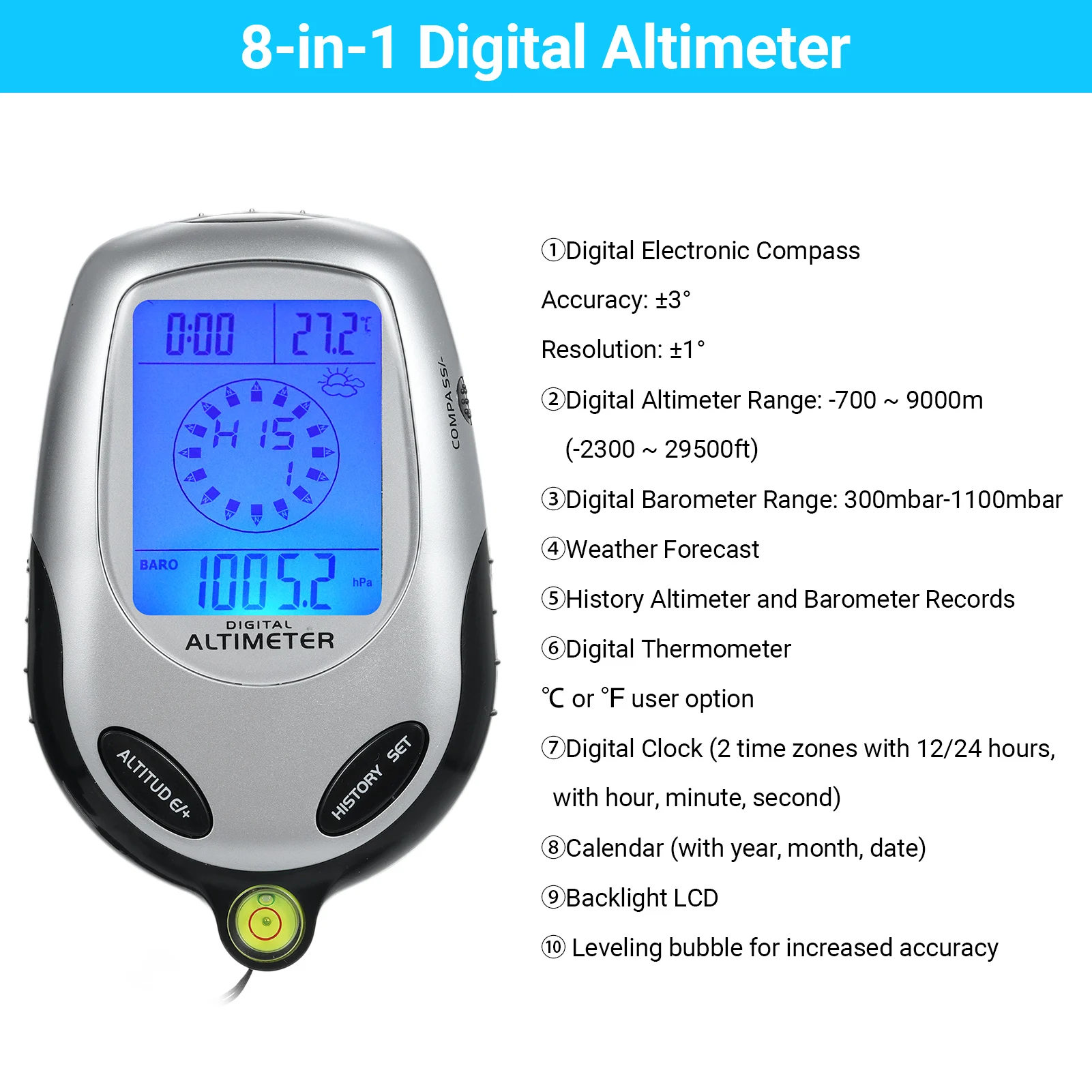 Digital Altimeter Handheld Altimeter Compass Barometer Thermometer Weather Forecast Time Calendar Clock Mountain Climbing Tool