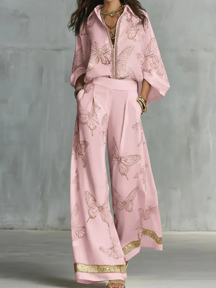 

Women Summer Turn Down Collar Zipper Shirt Top with Wide Leg Pants Two-Piece Set Ladies Holiday 2PCS Outfits Streetwear 2026