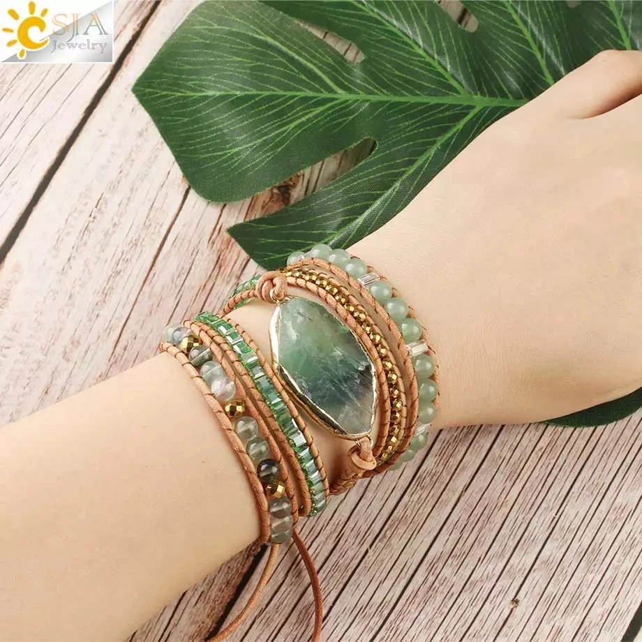 CSJA Boho Natural Stone Braided Bracelet for Women Green Aventurine Beads Handmade Wrap Bracelets Balance Bangle Jewelry G118