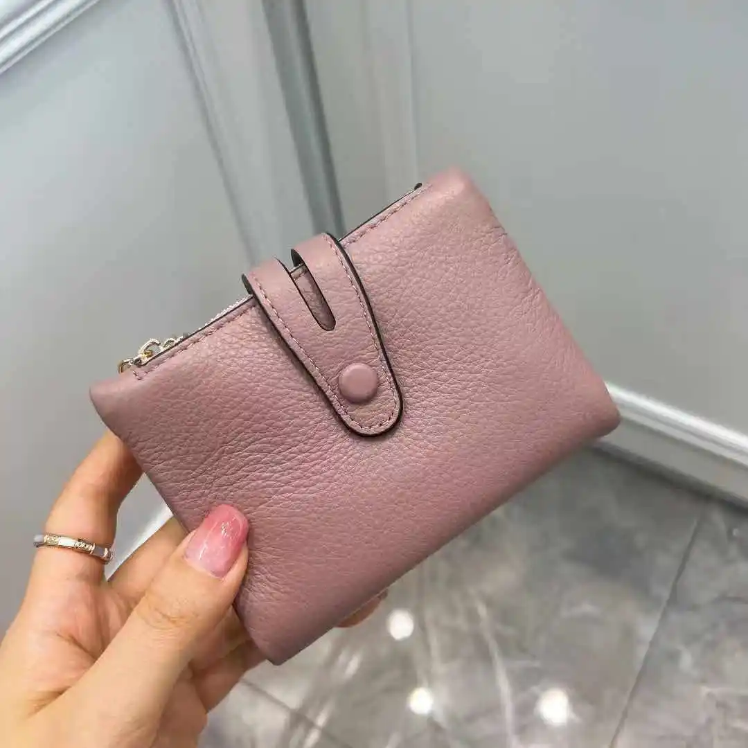 Cartera corta de cuero de vaca genuino para mujer, monedero informal suave con botón a presión, bolsillo con doble cremallera, tarjetero