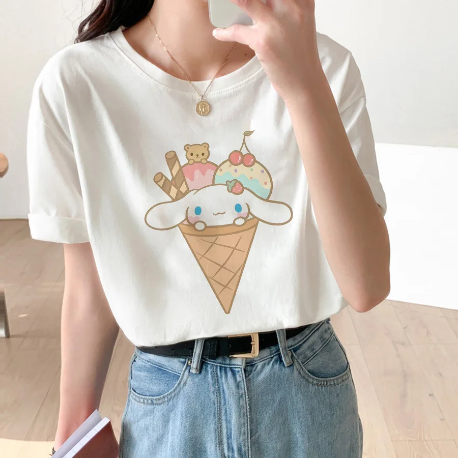 New Women Sanrio Cotton Y2K T-shirts Cinnamoroll Ice Cream Tee Shirt Anime Tops Kawaii Cartoons Casual Clothes Couple Streetwear