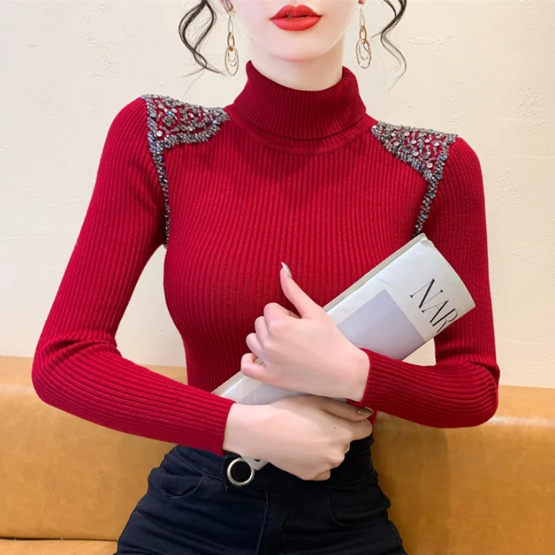 

2025, новинка, европейская, одежда, вязаная, водолазка, свитер, женский, шикарный, сексуальный, однотонный, блестящий, бисер, длинный рукав, нижняя рубашка, топы, 51045