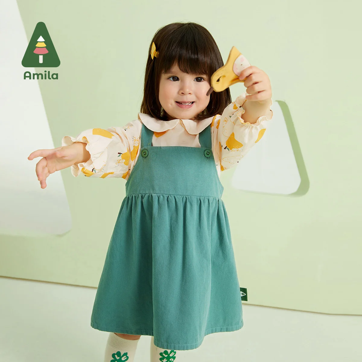 Amila Baby Girls Dress Sets 2023 Spring New 100% Cotton Long Sleeves Shirt+Suspenders Fashion Suit Cute Children Clothes