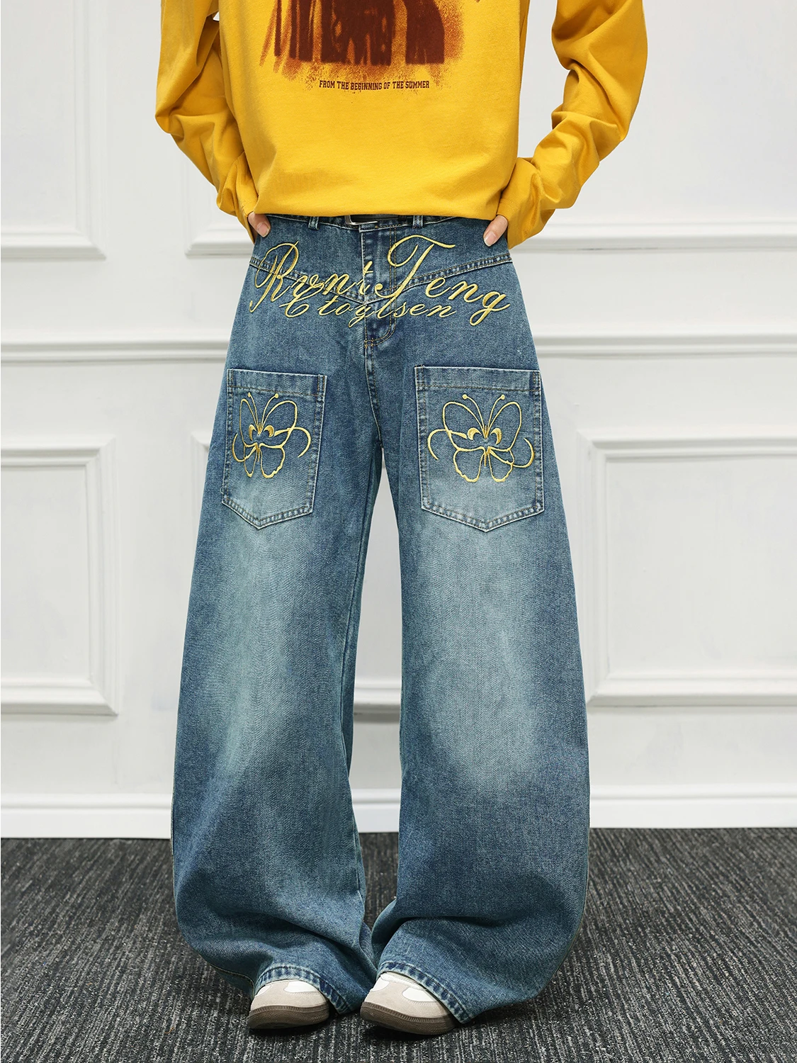 

Men's Embroidered Denim Jeans High Street Straight Leg Floor-Length Washed Back Pocket Trendy Brand Autumn Fashion