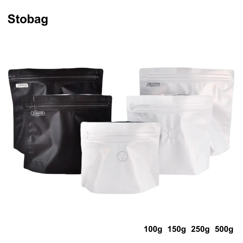 StoBag 50pcs White/Black Coffee Beans Packaging Bag with Valve Aluminum Foil Sealed Powder Nuts Storage Airtight Reusable Pouch