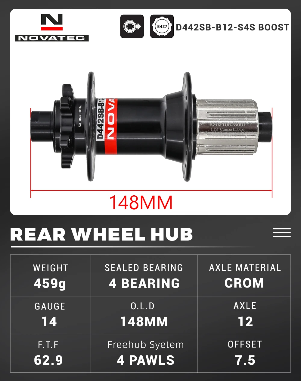 Novatec D442SB-B12 Boost 148mm x 12mm Thru Axle 142x12mm 32-hole 6-bolt Rear XD Micro Spline hub