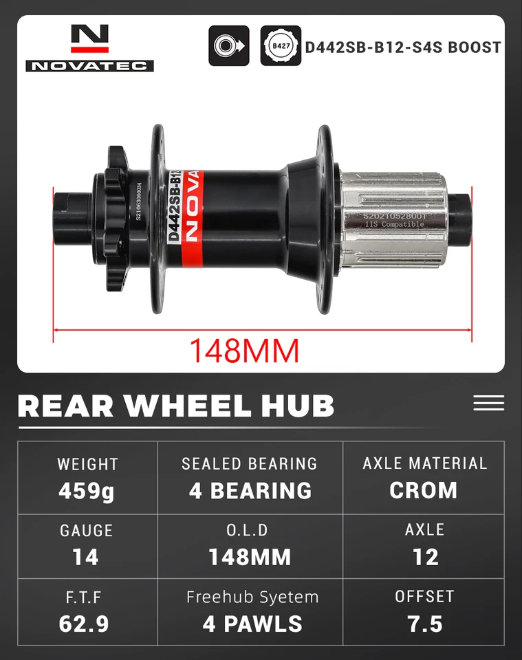 ハピ⁑ Novatec D442SB-B12 Boost 148mm x 12mm Thru Axle 142x12mm 32-hole 6