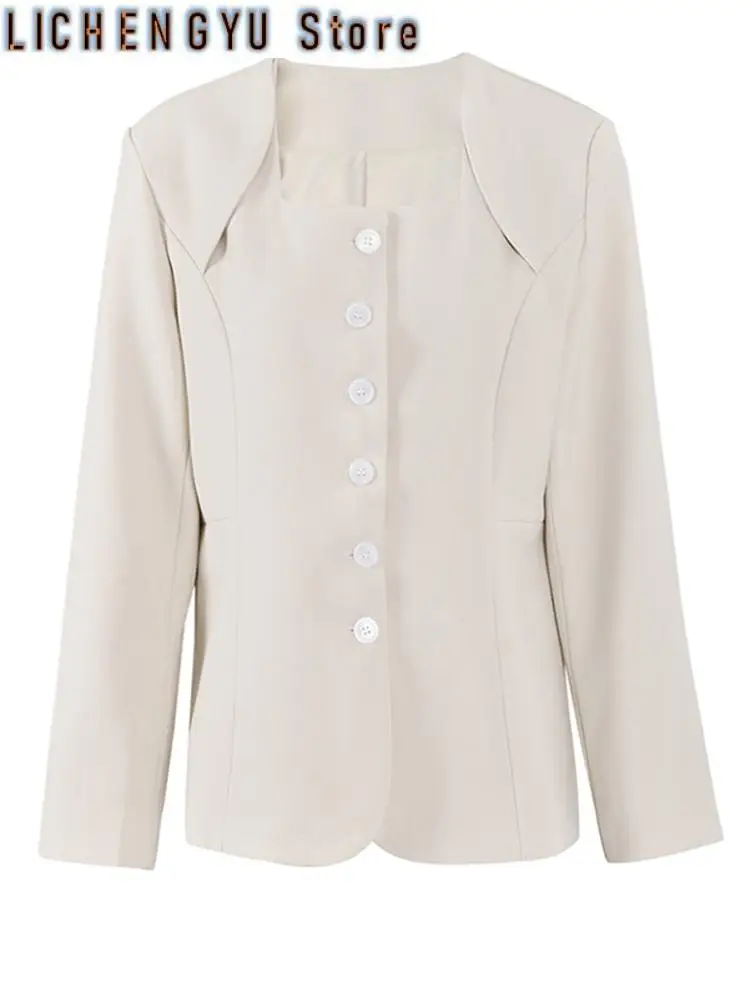 

Women Apricot Single Breasted Elegant Blazer New Square Collar Long Sleeve Jacket Fashion Spring Autumn