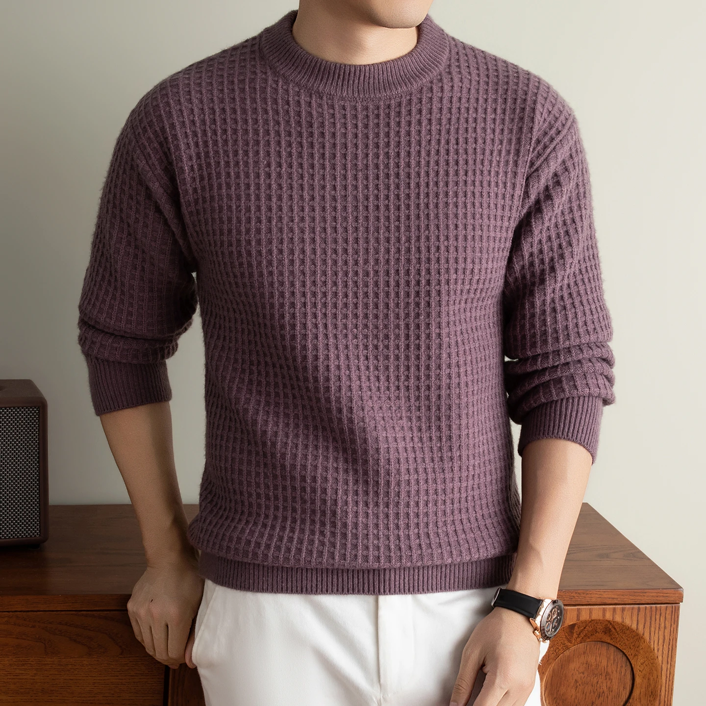 Personality fashion knitted checkered sweater men new solid color luxury thicken warm autumn winter comfort round neck pullover