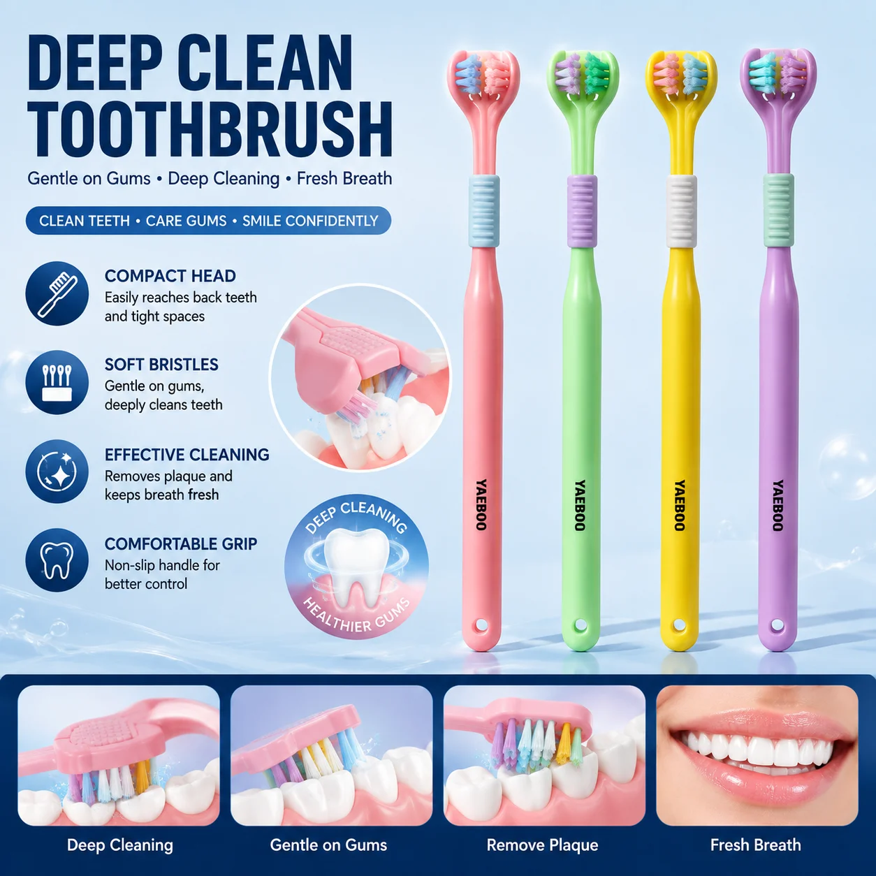 Adult Three‑Sided Manual Toothbrush, Premium Ultra‑Fine Soft Bristles, Gentle Oral Care Tool for Teeth and Gums Cleaning