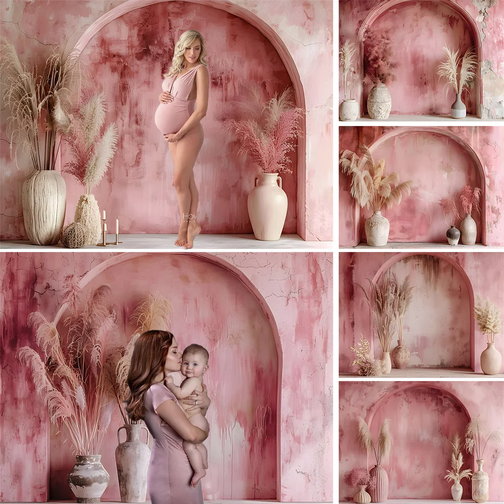 

Mocsicka Maternity Art Photography Background Boho Pink Arch Wall Pampas Grass Backdrop Decor Baby Show Girl Birthday Photozone