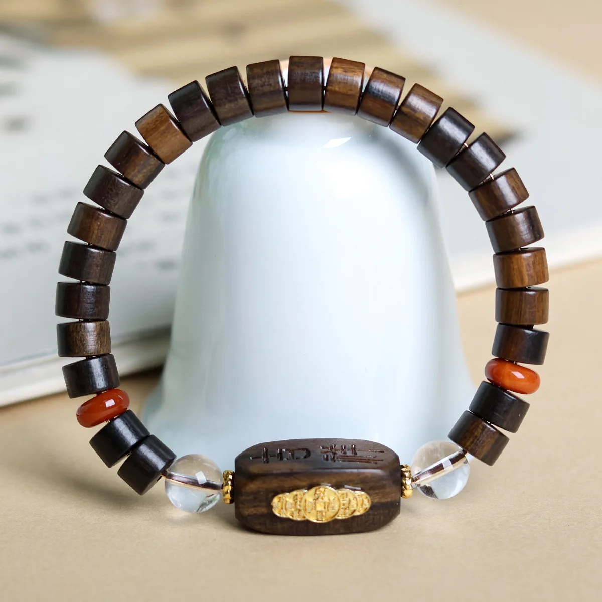 Agarwood Tablet Bead Bracelet Auspicious Inlaid Gold Wooden Buddhist Bead Jewelry for Women Gifts
