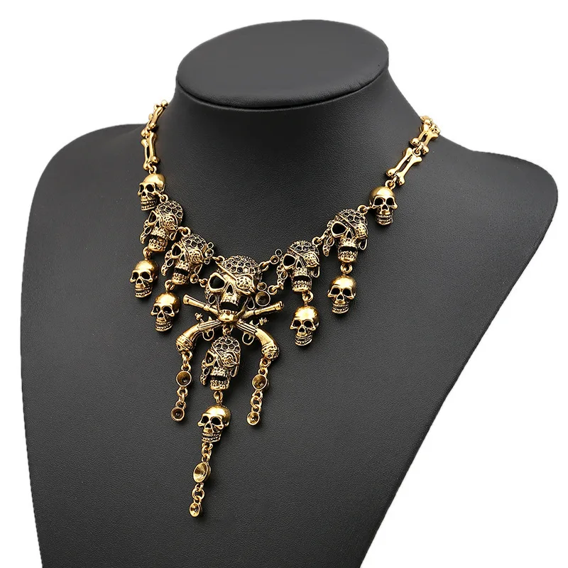 Halloween decorative accessories - European and American retro, exaggerated multi-layered skull head fringes alloy necklace for