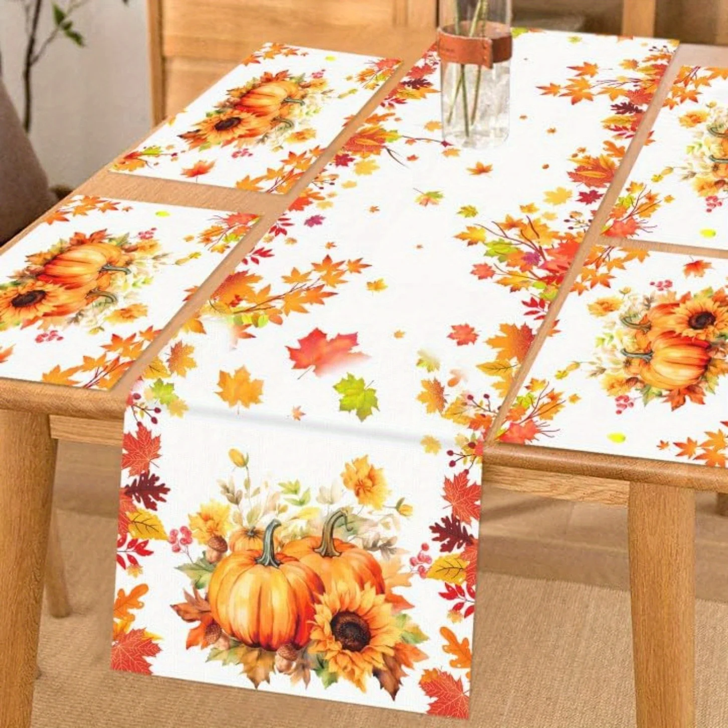 Fall Pumpkin Maple Leaf Linen Table Runner Placemat Thanksgiving Decor Autumn Sunflowers Kitchen Dining Table Runners Home Decor