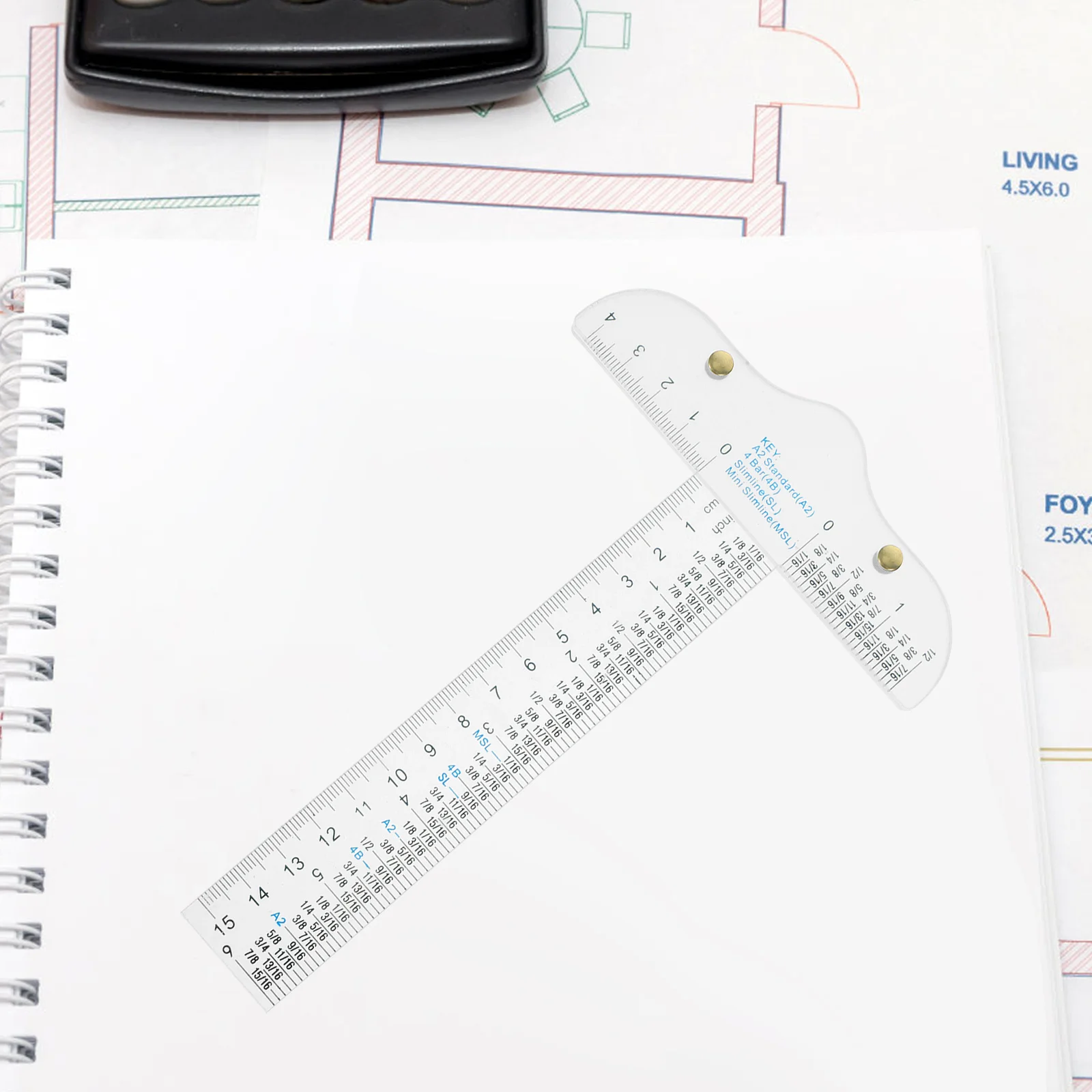 أداة قياس بلاستيكية شفافة على شكل حرف T لقياس الرسم والتخطيط مع موازين بوصة وسنتيمتر