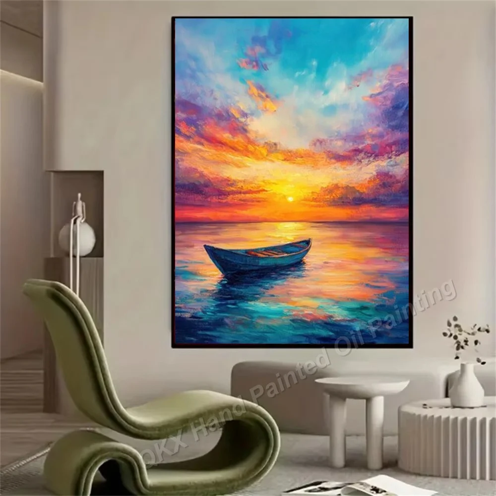 Impressionist Dreamy Gradient Sea Boat Landscape Handmade Oil Painting on Canvas - Living Room Wall Art Decor