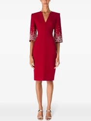 HIGH STREET Newest Fashion 2026 SS Designer Vestido Women's V-neck Half Sleeve Beaded Knee Dress