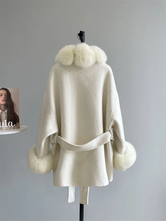 2026 New Arrival Women Mid Length Double Faced Wool Coat Fox Fur Collar Belted Loose Warm Woolen Outerwear Winter Fashion Coat