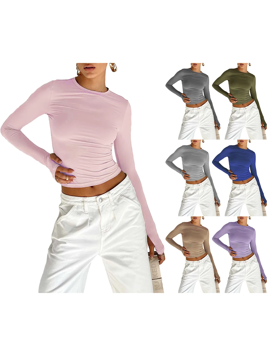Women\'s Long Sleeve Crop Tops Basic Slim Sexy Fitted Shirts Y2k Crew Neck Casual Tight Tees Shirt Going Out Crop Tops Streetwear
