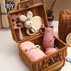 Baby Tableware Gift Set Silicone stacking Toy Pacifier Storage Wooden Animal Ringing Toy Feeding Supplies Newborn Birthday Gift