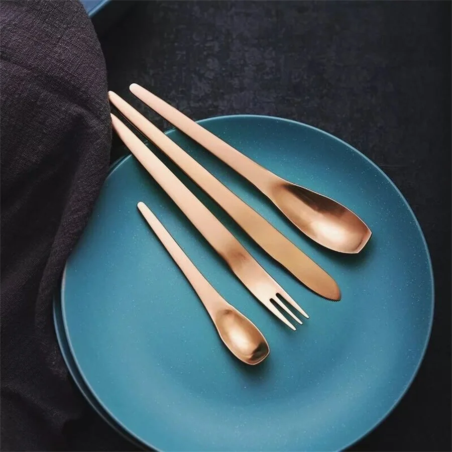 304 Forged Stainless Steel Knife and Fork Spoon, Rose Gold, Black, All Gold, Hotel Dining Knife, 7Pcs Set