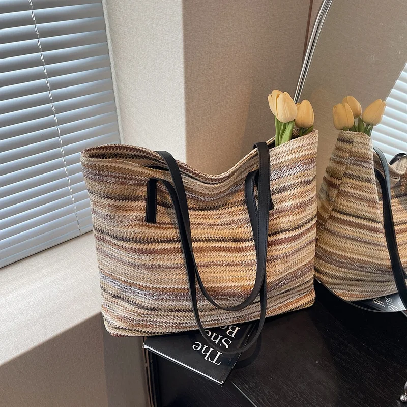 

Большая сумка для женщин, дизайнерская роскошная сумка, стильная полосатая тканая пляжная сумка с цветными блоками, большая вместительная повседневная соломенная сумка на плечо