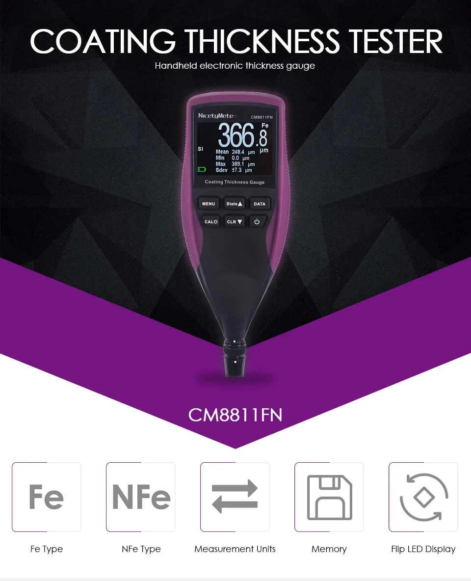 Imagem -03 - Nfe Revestimento Digital Medidor de Espessura Lcd Backlight Pintura do Carro Espessura Medidor 01250um Sonda Separada Cm8811fn Profissional fe